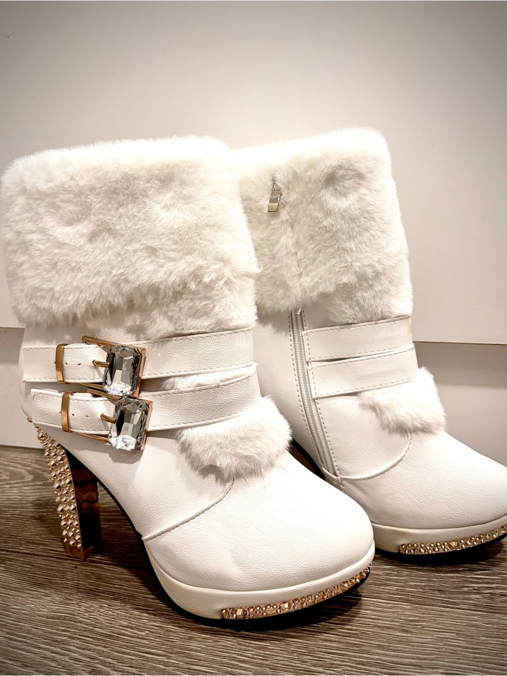 White Faux Fur Ankle Boots with Crystal Buckles